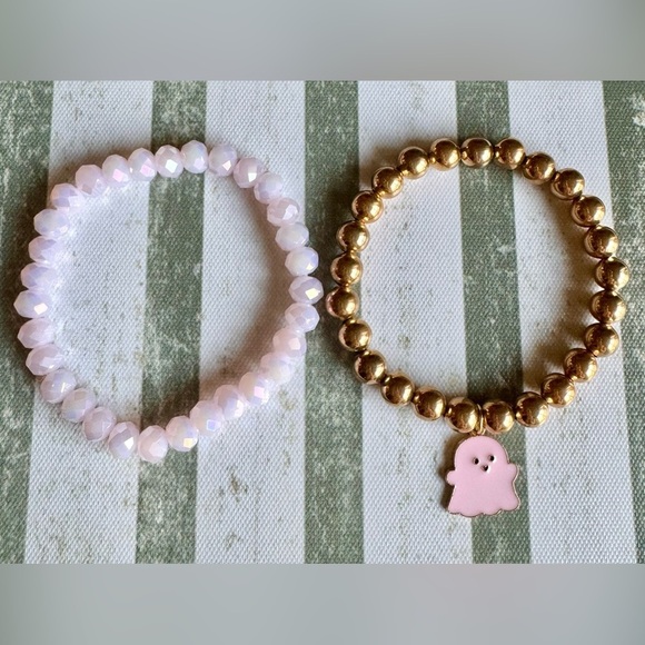 New Halloween Beaded Pink & Gold Tone Adult Size Bracelets w/ Ghost Charm - 8” - Picture 8 of 8